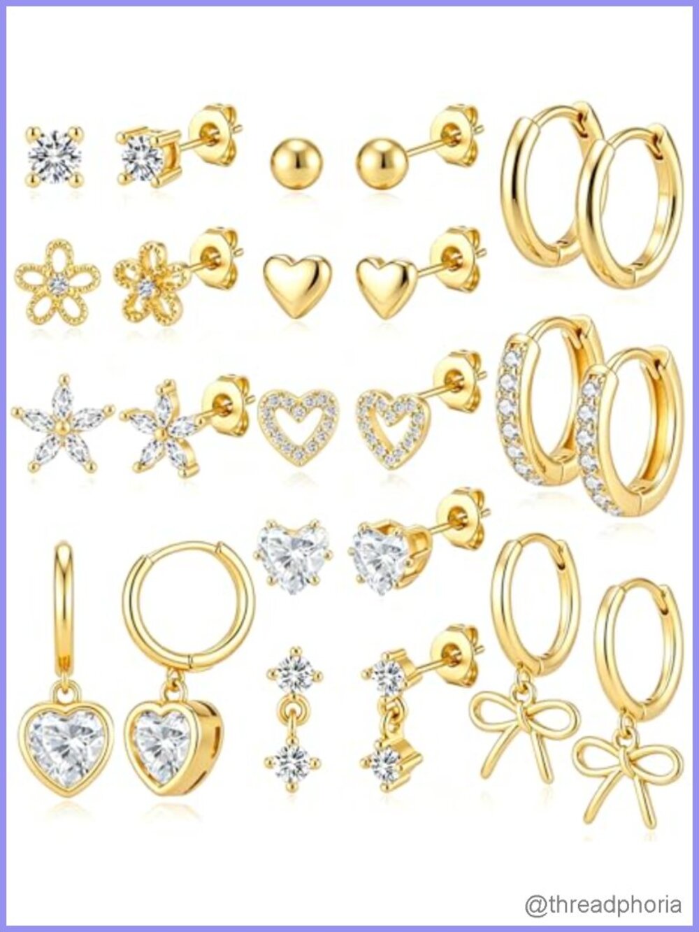 12 Pairs Stud Hoop Earrings Set, 14K Gold Plated, Hypoallergenic Women's Jewelry